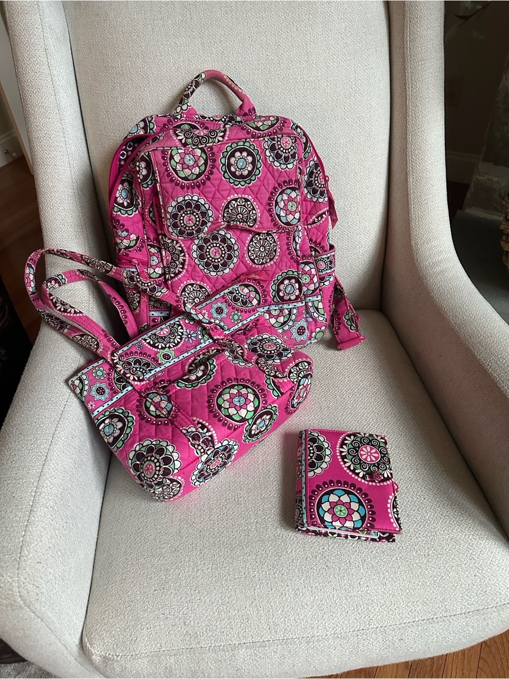 Vera Bradley Pink Quilted Floral Medallion Backpack, Tote & notepad Wallet Set